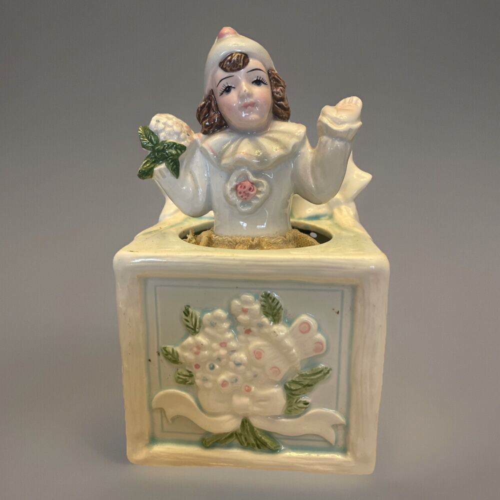 VTG Schmid Rotating Clown Jack Box Figurine Yamada Raised Bouquets Bows Lace
